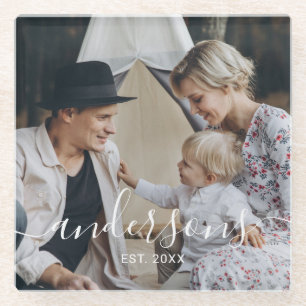Kundenspezifisches Foto mit Familienname und fests Glasuntersetzer