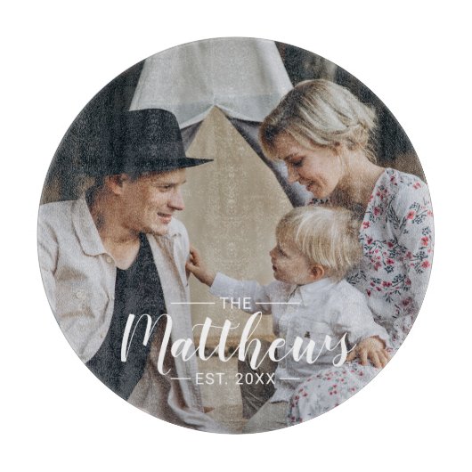 Kundenspezifisches Foto mit Familienname und fests Schneidebrett (Vorderseite)