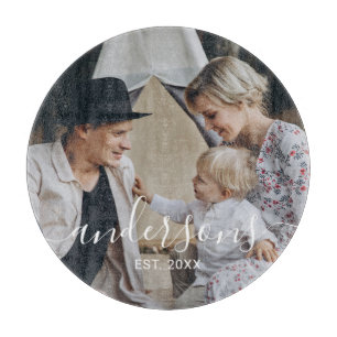 Kundenspezifisches Foto mit Familienname und fests Schneidebrett