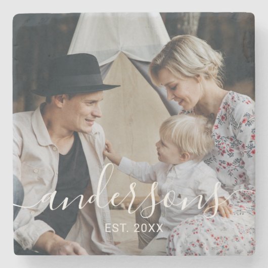 Kundenspezifisches Foto mit Familienname und fests Steinuntersetzer (Vorderseite)