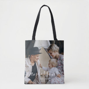 Kundenspezifisches Foto mit Familienname und fests Tasche