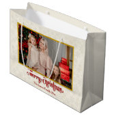 Kundenspezifisches Foto sorgt für fröhliche Weihna Große Geschenktüte (Vorderseite Schrägansicht)