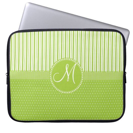 Kundenspezifisches Monogramm-Grün Stripes Laptopschutzhülle (Vorderseite)