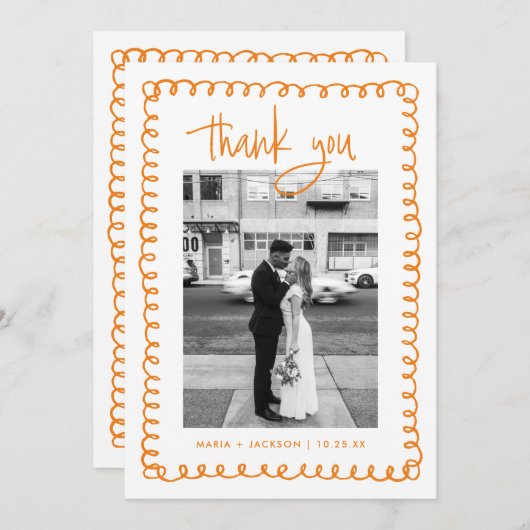 Kundiges französisches Orange-Hochzeitsstich Foto Dankeskarte (Vorne/Hinten)