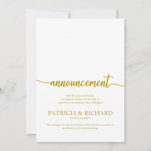 Kündigung storniert Hochzeit Elegantes Gold-Script Einladung (Vorderseite)