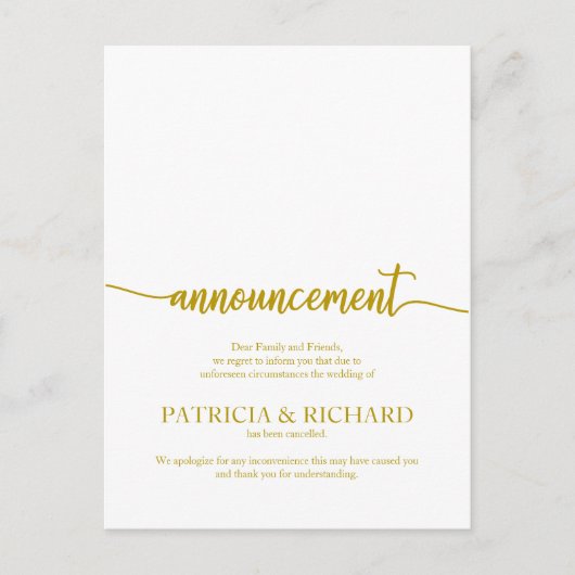 Kündigung storniert Hochzeit Elegantes Gold-Script Postkarte (Vorderseite)