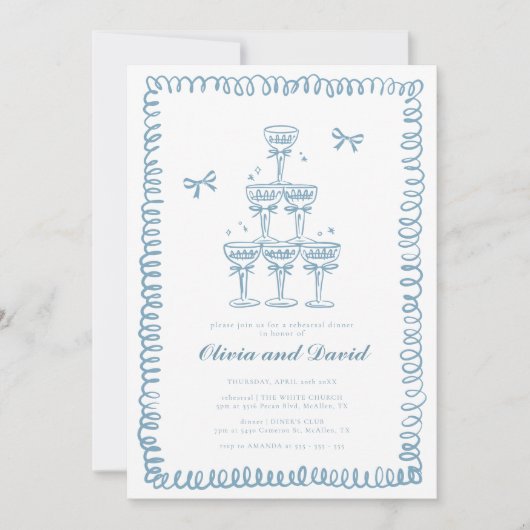 Kundrawn French Blue Probe Dinner Hochzeit Einladung (Vorderseite)