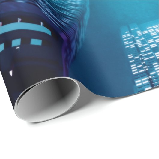 Künftige Innenstadt mit Wolkenkratzern in Neonkym Geschenkpapier (Rolleneckpunkt)