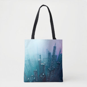 Künftige Innenstadt mit Wolkenkratzern in Neonkym Tasche