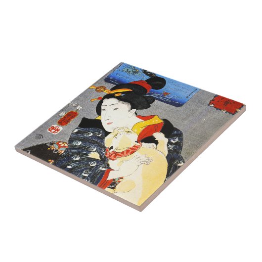 Kuniyoshi Frau mit einer Katzen-Fliese Fliese (Seite)