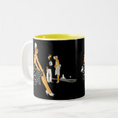 Kunst-Deko-Frau beschuht Polka-Punkt-Schwarzes Zweifarbige Tasse (Vorderseite Links)