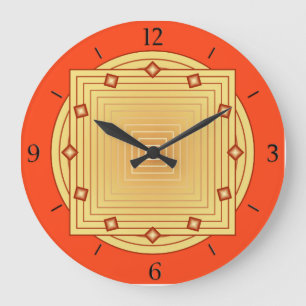 Kunst-Deko geometrisch, Mandarine und Gelb Große Wanduhr
