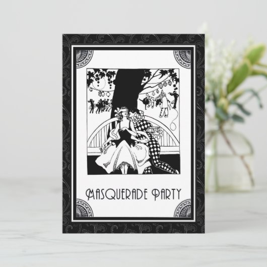 Kunst-Deko-Maskerade-Party in Schwarzweiss Einladung (Stehend Vorderseite)