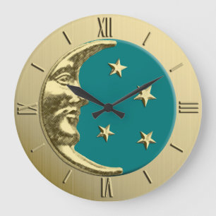 Kunst-Deko-Mond und Sterne - aquamarin und Gold Große Wanduhr