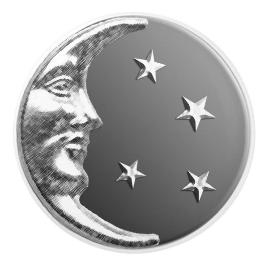 Kunst-Deko-Mond und Sterne - Grau/Grau und Silber Keramikknauf (Vorderseite)
