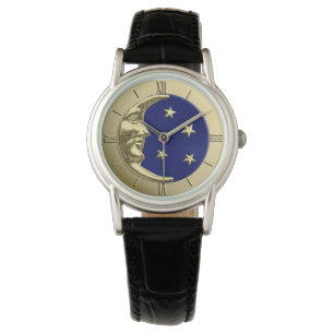 Kunst-Deko-Mond und Sterne - Marine-Blau und Gold Armbanduhr