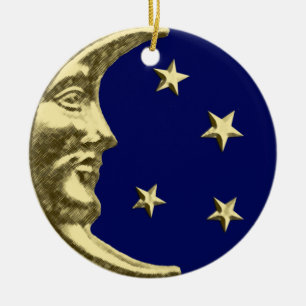 Kunst-Deko-Mond und Sterne - Marine-Blau und Gold Keramik Ornament