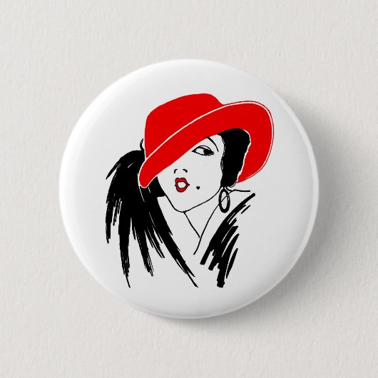 Kunst-Deko-schöner Frauen-Rot-Hut Button (Vorderseite)