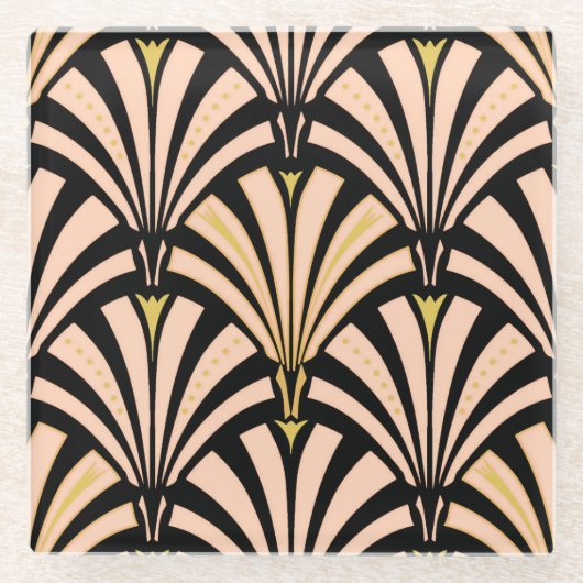 Kunst-Dekofanmuster - Pfirsich auf Schwarzem Glasuntersetzer (Vorderseite)