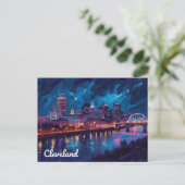 Kunst der Cleveland Ohio Nacht am Fluss Postkarte (Stehend Vorderseite)