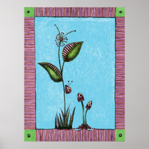 Kunst Druck, Blumen Marienkäfer Pilze Poster