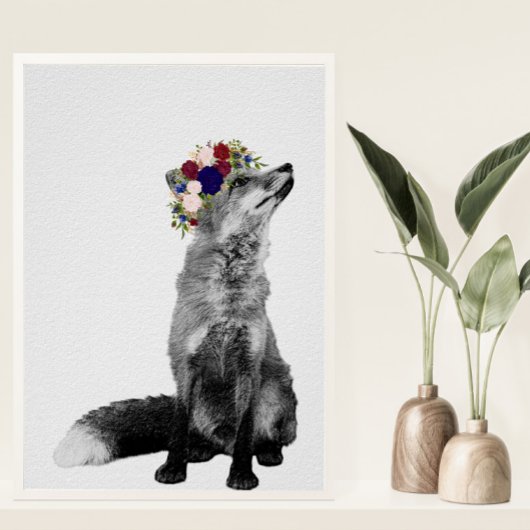Kunst Druck Fuchs Schwarz Weiß Blumenkrone Poster