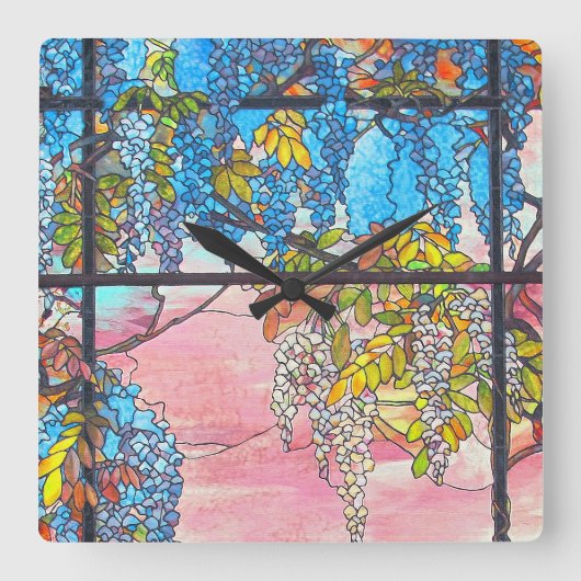 Kunst Nouveau beflecktes Glaswisteria-Blumen-Uhr Quadratische Wanduhr (Vorderseite)