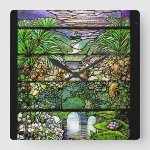 Kunst Nouveau Buntglas-Tiffany-Natur Quadratische Wanduhr