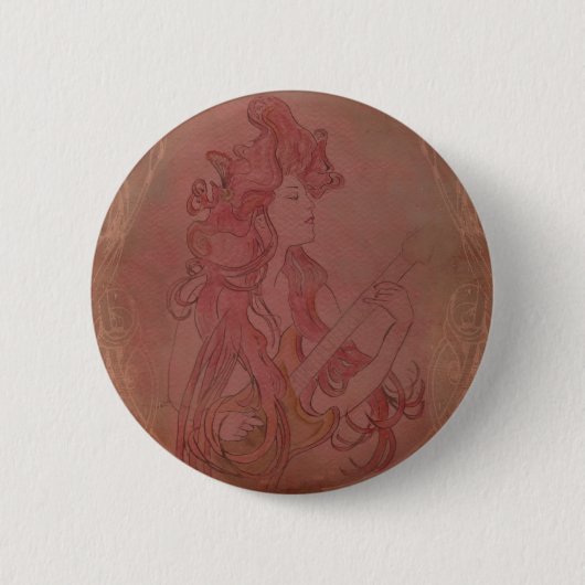 Kunst Nouveau Gitarren-Mädchen-Vintage Rose Button (Vorderseite)