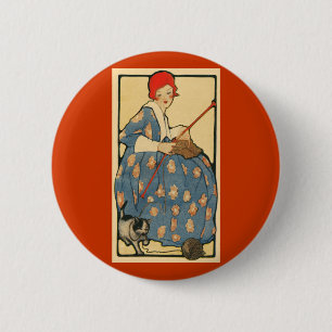 Kunst Nouveau - Mädchen, das mit ihrer Katze Button