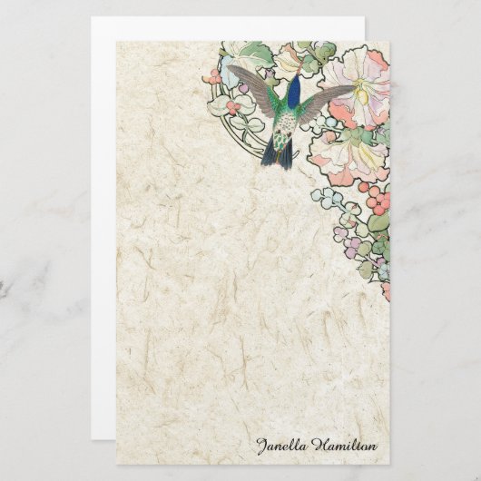 Kunst Nouveau Mucha Blumen-Kolibri-Briefpapier Briefpapier (Vorne/Hinten)
