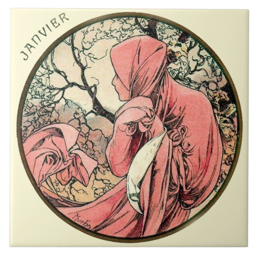 Kunst Nouveau Mucha Kalender Januar Fliese (Vorderseite)