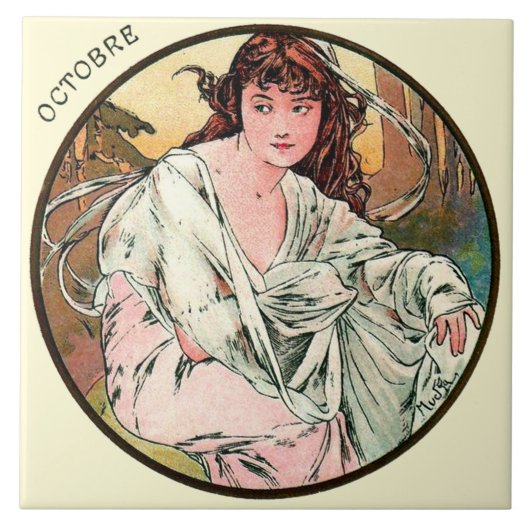Kunst Nouveau Mucha Kalender Oktober Fliese (Vorderseite)