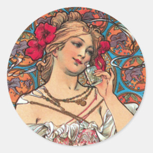 Kunst Nouveau - Mucha - Parfüm-Anzeige Runder Aufkleber