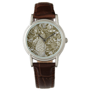 Kunst Nouveau Pfau-Druck, Brown und Creme Armbanduhr