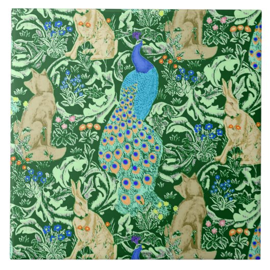 Kunst Nouveau Pfau-Druck, Kobalt-Blau u. Grün Fliese (Vorderseite)