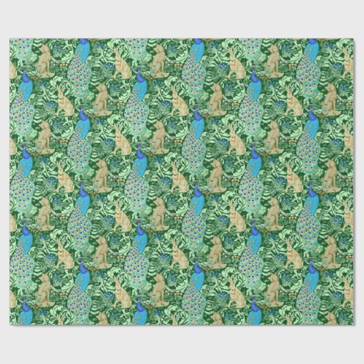 Kunst Nouveau Pfau-Druck, Kobalt-Blau u. Grün Geschenkpapier (Flach)