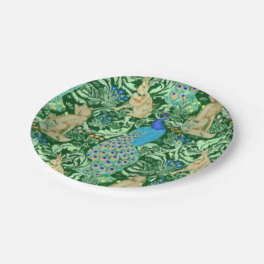 Kunst Nouveau Pfau-Druck, Kobalt-Blau u. Grün Pappteller (Schrägansicht)