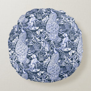Kunst Nouveau Pfau-Druck, Marine und Weiß Rundes Kissen