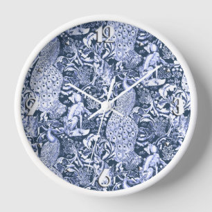 Kunst Nouveau Pfau-Druck, Marine und Weiß Uhr