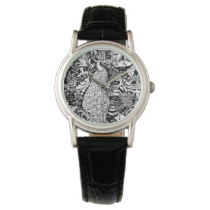 Kunst Nouveau Pfau-Druck, Schwarzweiss Armbanduhr