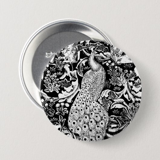 Kunst Nouveau Pfau-Druck, Schwarzweiss Button (Vorne & Hinten)