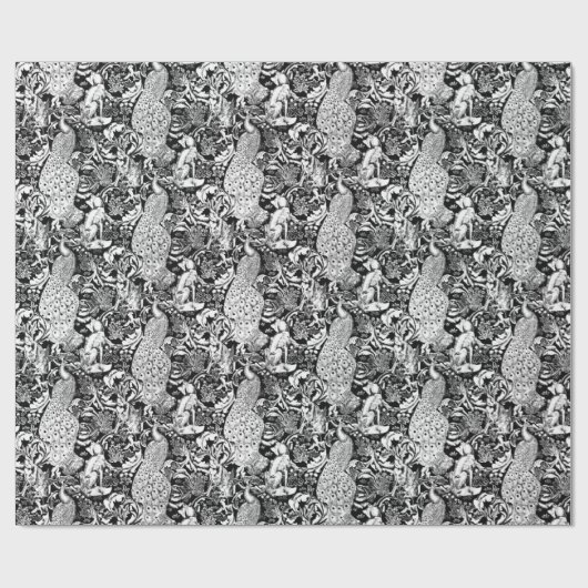 Kunst Nouveau Pfau-Druck, Schwarzweiss Geschenkpapier (Flach)