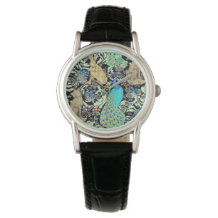 Kunst Nouveau Pfau-Druck, Türkis u. neutrale Armbanduhr
