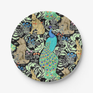 Kunst Nouveau Pfau-Druck, Türkis u. neutrale Pappteller