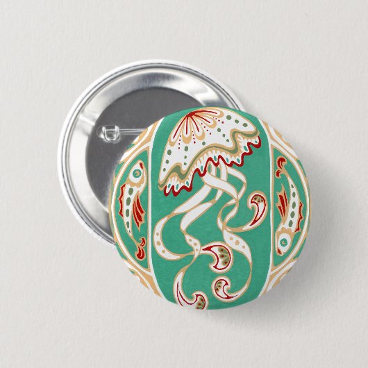 Kunst Nouveau Quallen 3-Zoll-Knopf-Türkisgold Button (Vorne & Hinten)