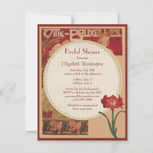 Kunst Nouveau rote Amaryllis u. Dame Brautparty Einladung (Rückseite)