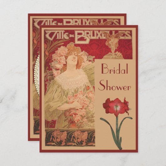 Kunst Nouveau rote Amaryllis u. Dame Brautparty Einladung (Vorne/Hinten)