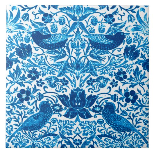 Kunst Nouveau Vogel und Blumen-Tapisserie, Blau u. Fliese (Vorderseite)