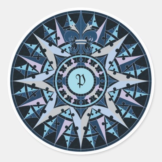 Kunst zeichnend, antike Kompass-Rose, Monogramm hi Runder Aufkleber (Vorderseite)